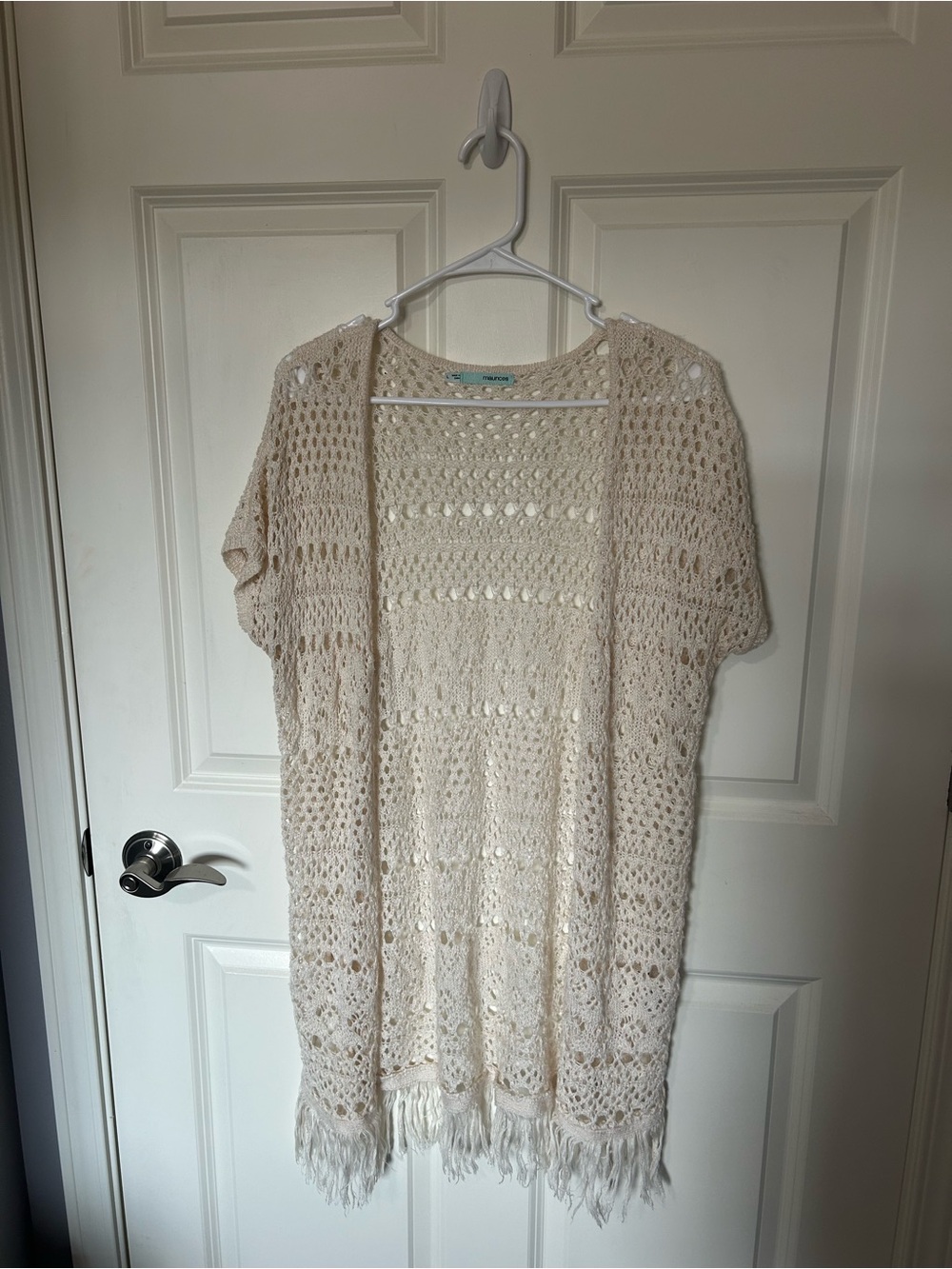 Maurices Cream Crochet Fringe Open Cardigan